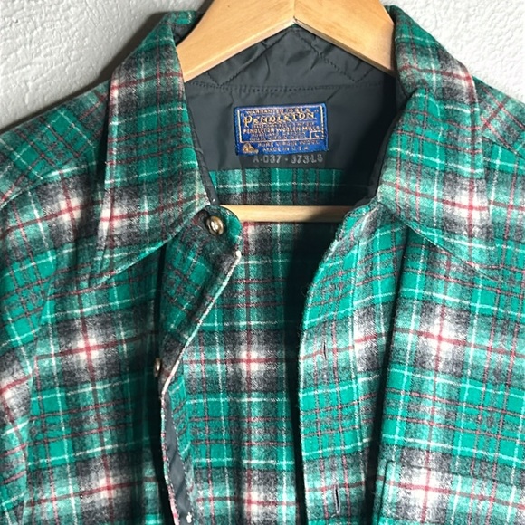Vintage Pendleton Wool Teal Green |Gray Plaid Men's 60’s -70’s Button Down Shirt - Picture 3 of 17